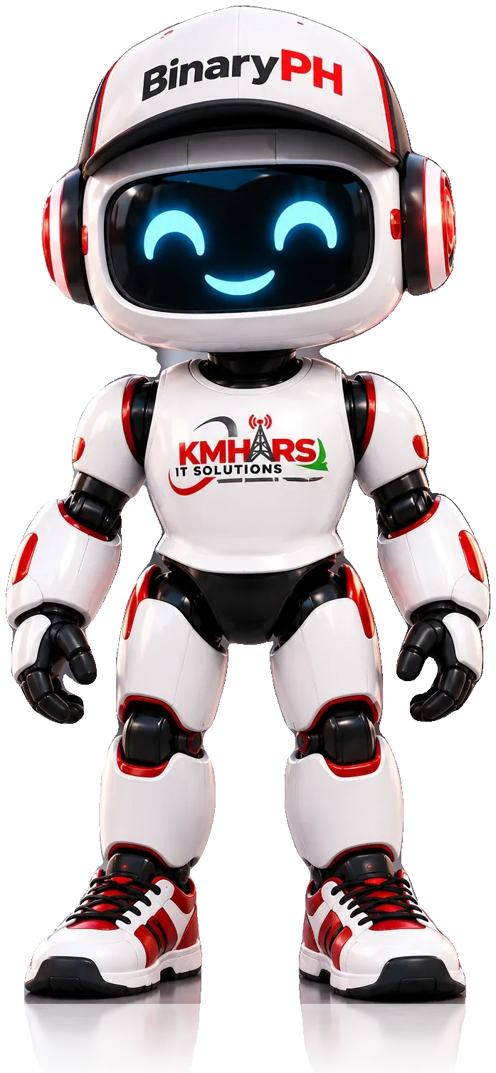 BinaryPH robot mascot in a BinaryPH cap and a KMHARS IT Solutions shirt